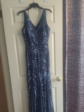 Night Way Collections Navy Sequin V-Neck Prom Gown